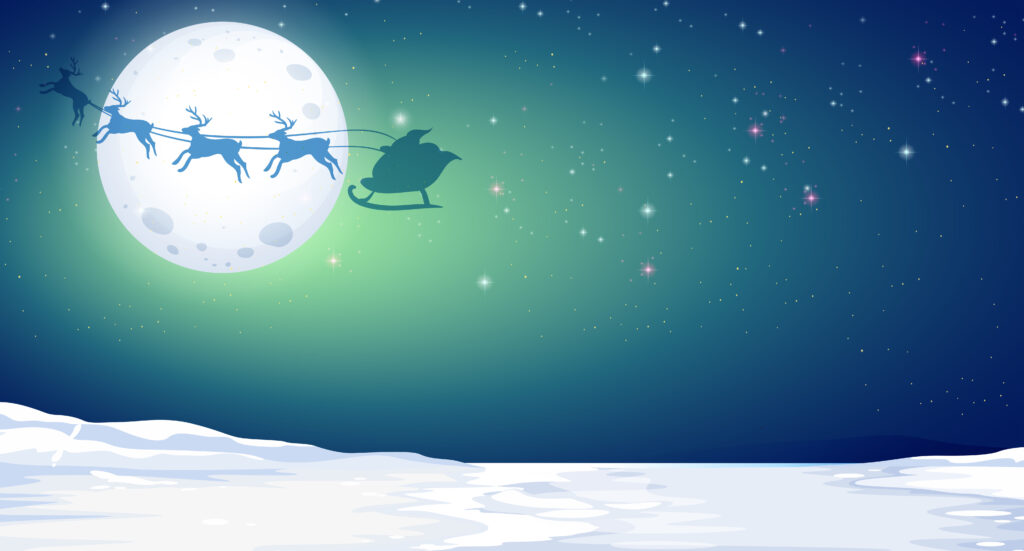 Silhouette deer and santa in winter night illustration